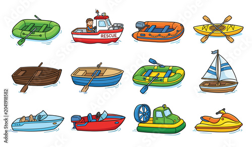 Tableau sur toile Boat and water transport cartoon vector element set