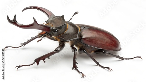 Stag Beetle on White: A large stag beetle with prominent mandibles and a glossy carapace is captured in a studio setting, showcasing its intricate exoskeleton and powerful build.