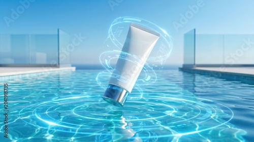 A blank white cosmetic tube features a floating position over infinity pool with digital rings and ocean background