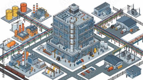Tableau sur toile Isometric industrial complex with factories, warehouses, and office buildings connected by roads and pipelines, showcasing a detailed manufacturing and logistics network