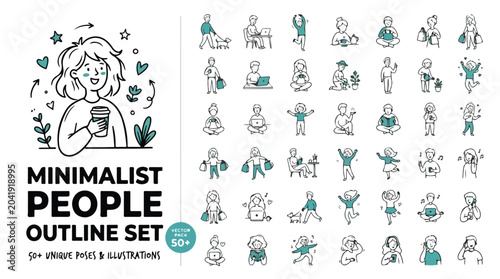 Minimalist people outline set, 50 unique poses and illustrations of characters, hand drawn doodle icons of daily life activities