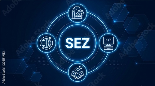 SEZ Special Economic Zones concept.Areas designated by a government for economic development, where businesses benefit from economic incentives like tax breaches