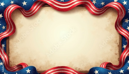 Empty space framed by american flag stripes and stars pattern. Decorative patriotic border design with rustic parchment paper. Great for holiday announcements or certificates.