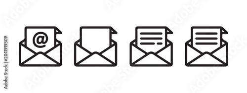 Foto Email icons showing four line art envelopes, each containing different symbols or documents for mail communication