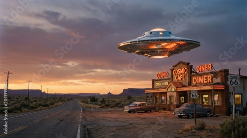 Retro flying saucer hovering over a classic American diner on a deserted desert highway at dusk