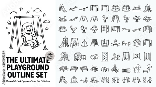 Tableau sur toile Minimalist playground outline set, 30+ vector icons of park equipment line art,