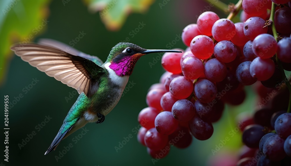 Fototapeta premium Tiny hummingbird hovers near ripe red grapes on vine. Small bird with iridescent feathers drinks nectar from fruit. Nature scene shows garden life and sweet treats in summer.