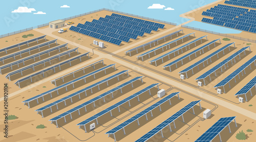 Illustration of a large solar panel farm generating clean, renewable energy from the sun, showcasing sustainable technology and environmental responsibility.