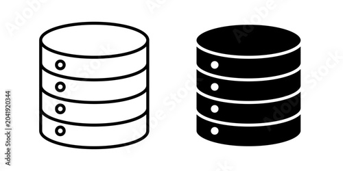 Storage database icon in outline and solid style, isolated on white background. Ideal for data management, server hosting, and information system features in mobile and web design.