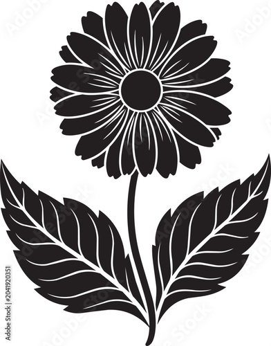 Blooming daisy flower vector illustration with stem and symmetrical leaves, isolated black and white floral silhouette ornament