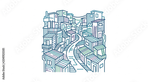Quadro su tela Illustration of a densely populated urban slum with winding streets