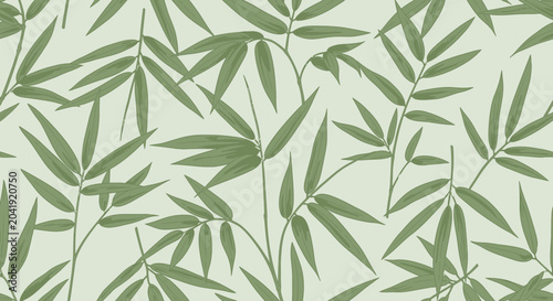 Seamless Pattern of Green Bamboo Leaves on Light Green Background
