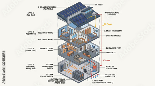 Foto Isometric diagram illustrating a smart home energy system with solar panels, battery storage, and integrated electrical wiring for sustainable living