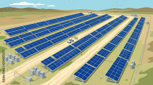 Schilderij op canvas Illustration of a large solar power farm with numerous photovoltaic panels generating clean energy in a desert landscape