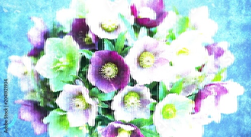 Purple hellebore flower glitch distortion texture. High contrast glowing blur, neon contemporary psychedelic mood. Striking visual for album sleeve, modern club flyer. Conceptual art photography.