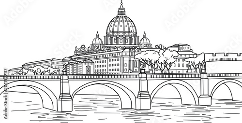 Saint Peters Basilica and Sant Angelo bridge in Rome Italy flat line art illustration classic European historic landmark vector drawing
