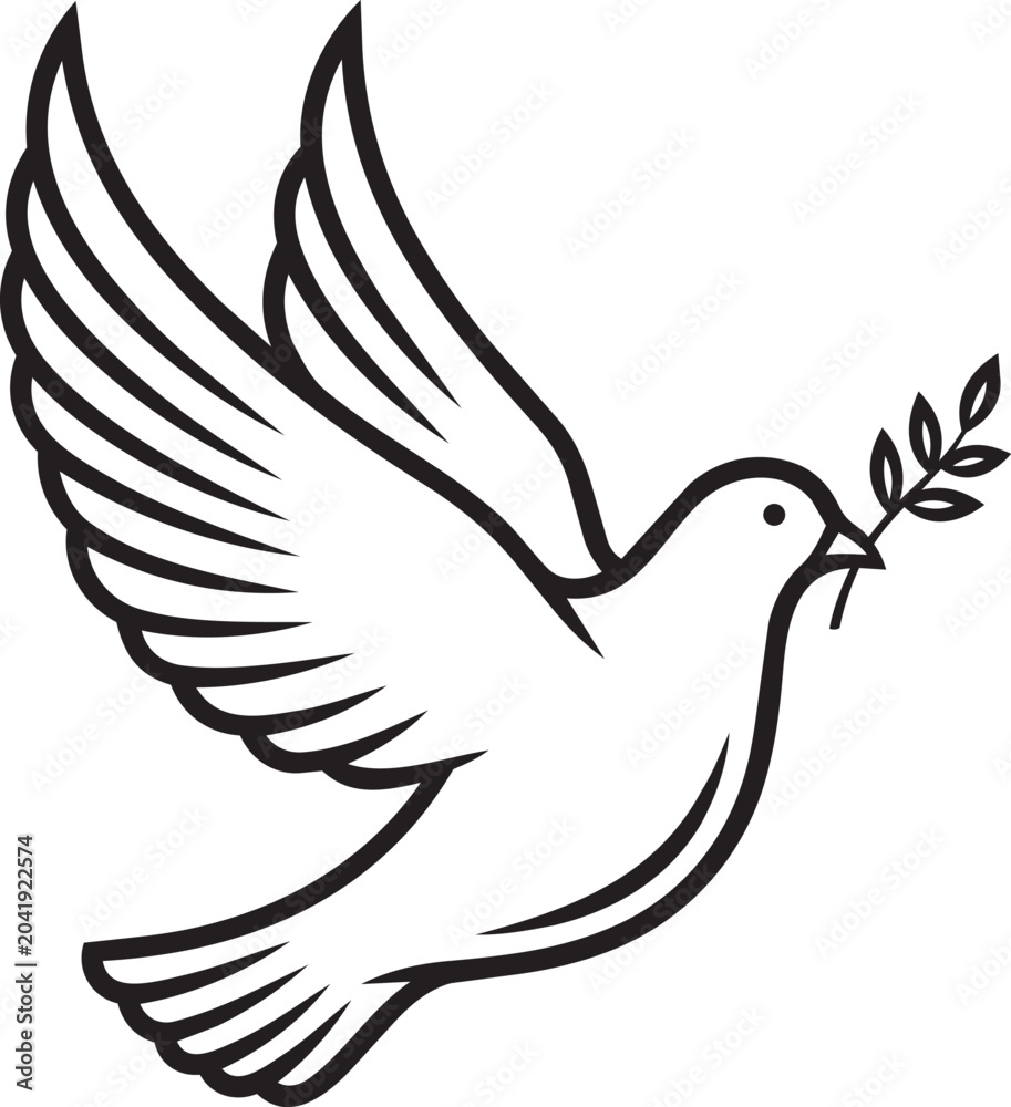 Obraz premium Flying white dove bird carrying an olive branch as a symbol of peace and hope