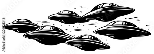 Foto Fleet of UFO flying saucers in deep space vector illustration, alien spacecraft