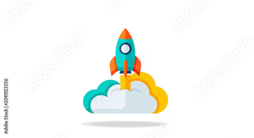 Cartoon rocket launching into space with colorful clouds.