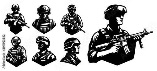 Foto Special forces soldier silhouettes and icons set vector, tactical military perso