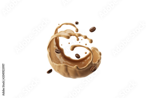 Creamy Coffee Liquid Wave with Floating Coffee Beans Isolated on Transparent Background