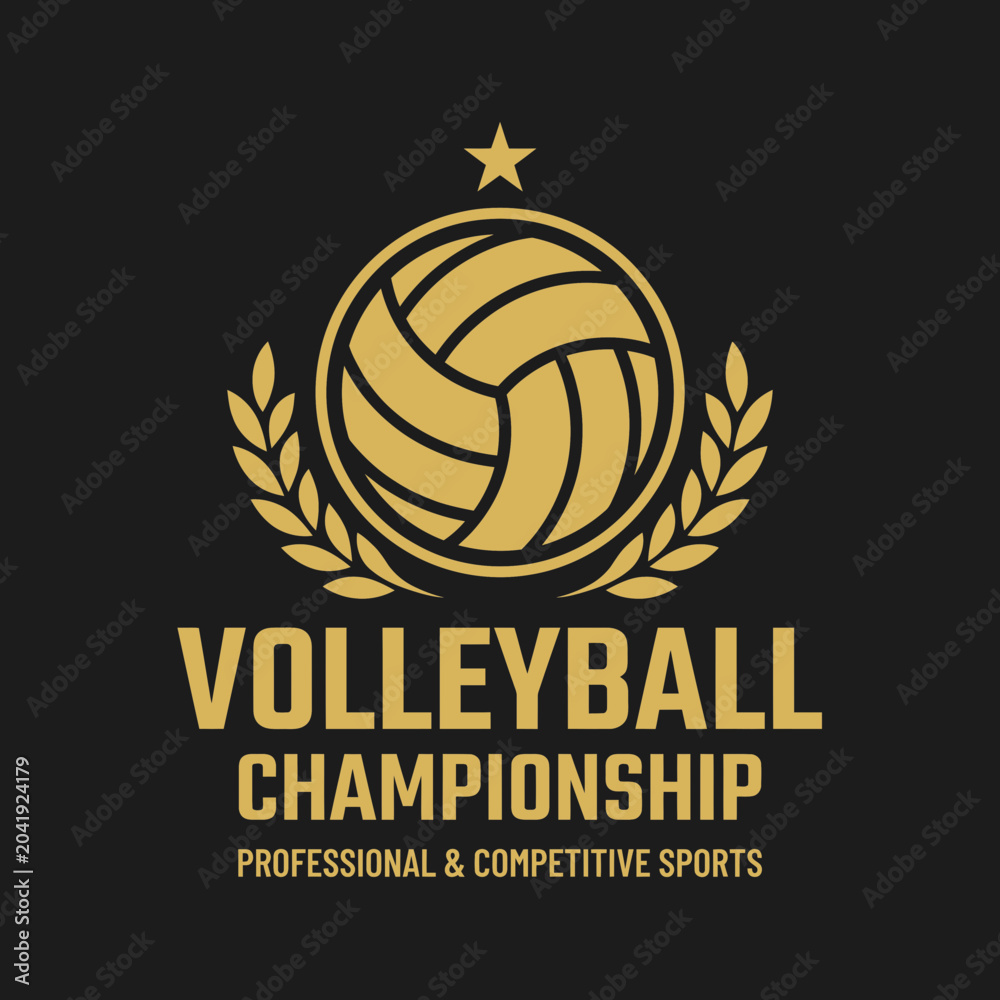Naklejka premium Elegant Volleyball Emblem for Championship: Professional Sports Design with Gold Accents on Black