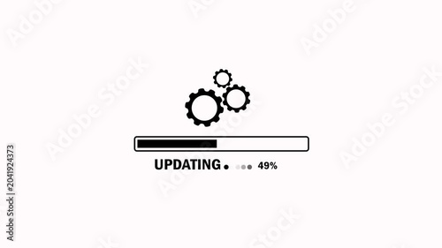 Updating bar with gear icon animation on a white background. Digital progress bar monitors operating system update status. Update process with spinning settings gear symbol with alpha channel