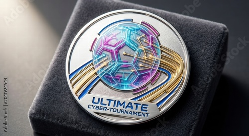 Futuristic Silver Cyber Tournament Football Coin with Glowing Neon Tech Lines, Modern Digital Soccer World Cup Concept Emblem