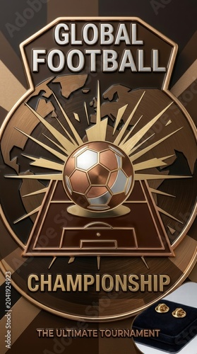 Premium Bronze Global Football Championship Metallic Emblem, Luxury Soccer World Cup Commemorative Badge with World Map and Sunburst Design