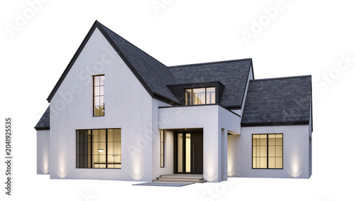Modern white stucco house with dark gray roof and large windows