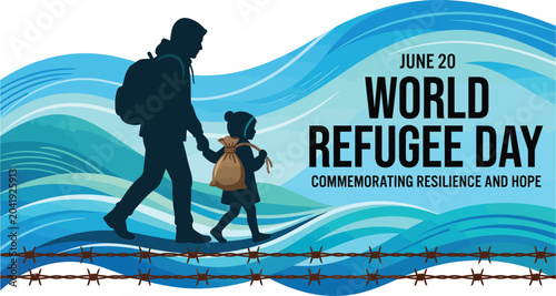 Bild auf Leinwand Refugees walking beside dynamic water waves concept background for international