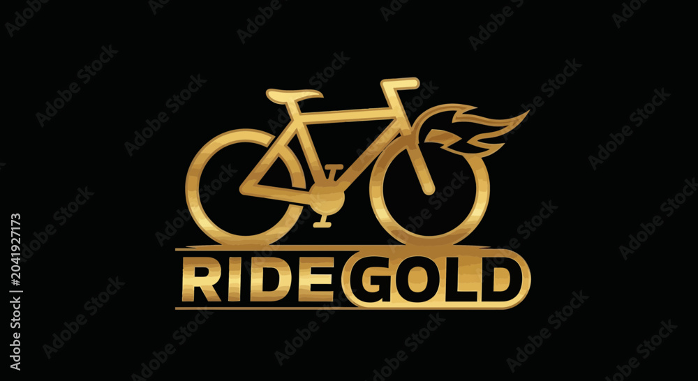 Fototapeta premium Golden Bicycle Illustration With Wings And Ride Gold Typography On Black Background