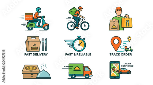 Fotografie Food delivery and online ordering service icons.