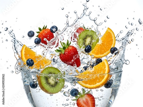 Fresh fruits falling into water with splash isolated on white background
