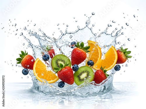 Fresh mixed fruits including strawberries, kiwi, orange slices, and blueberries splashing into water isolated on white background