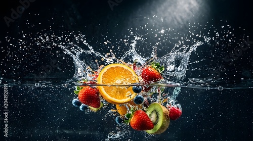 Fresh mixed fruits falling into water with splash on black background