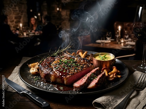 A succulent, perfectly seared ribeye steak served on a dark plate with roasted garlic, fresh herbs, and a side of creamy sauce in a rustic, dimly lit restaurant setting with wine