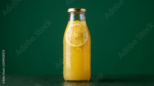 A glass bottle filled with fresh lemon juice and a slice of lemon inside, condensation on the glass, placed on a dark surface against a solid deep green background