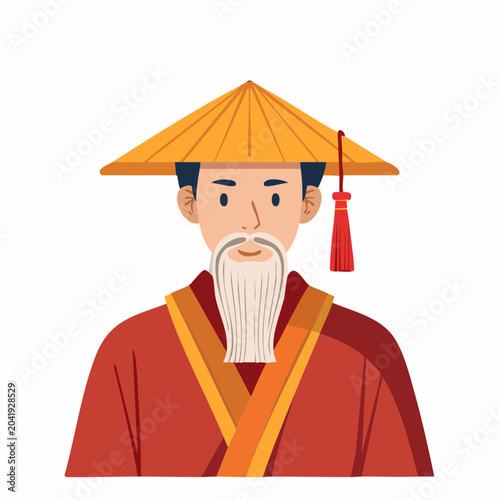 Illustration of an ancient Chinese scholar with a conical hat and beard