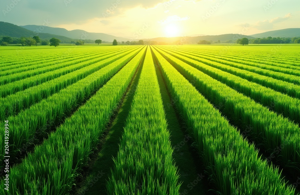 Naklejka premium Vast green farm field with rows of turf grass under bright daylight sun. Landscape shows agriculture, cultivation, natural growth, and harvested sod squares.