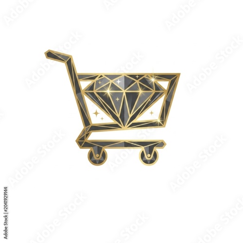 Luxury Geometric Black Diamond Shopping Cart Icon with Gold Lines, Premium E-Commerce Logo Concept for VIP Online Boutique and High-End Retail Sales