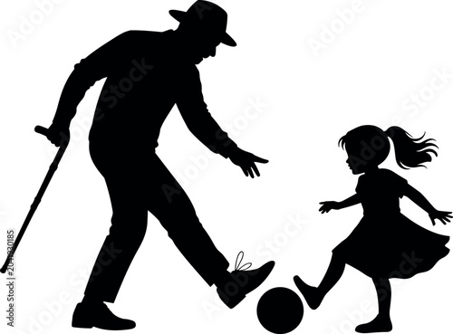 Obraz na płótnie Silhouette of happy grandfather with walking stick playing soccer with his littl