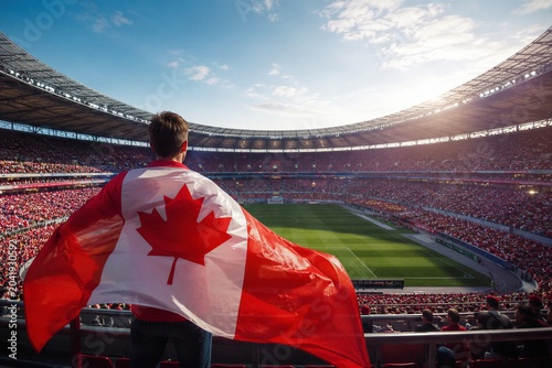 Man holding Canadian flag in soccer stadium. Fan watching football match at sports arena. National pride and sports competition atmosphere. Excitement of international tournament game event