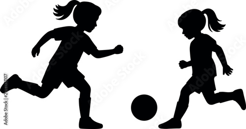 Bild auf Leinwand Silhouette of two young girls playing soccer training and running after a football isolated on a clean white background
