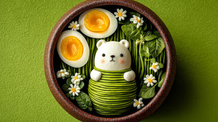 A cute white polar bear figurine wrapped in green matcha noodles, gourmet ramen bowl with sliced boiled eggs and daisies, commercial art style.