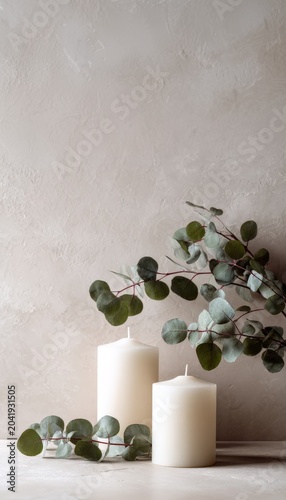 Eco friendly home decor with candles and eucalyptus branches. Minimal sustainable home decoration featuring candles and eucalyptus branches. Concept of eco friendly living