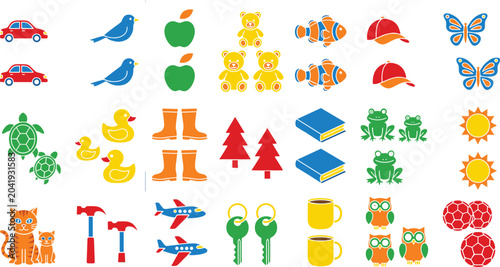 Vibrant flat vector illustration collection featuring pairs of cute cartoon animals insects toys nature objects transport and household items isolated on white background