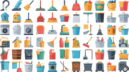 Flat cleaning icons set, 60 housekeeping service vector elements, colorful household sanitation tools for laundry and janitorial supplies