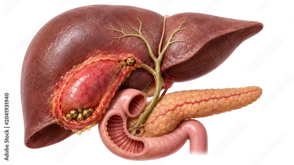 Obraz premium Acute calculous cholecystitis showing inflamed gallbladder with gallstone obstruction at the cystic duct, thickened gallbladder wall, pericholecystic edema, liver, bile ducts, pancreas and duodenum.