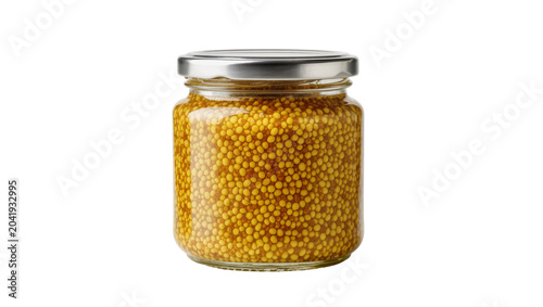 Foto Glass jar of whole grain mustard seeds